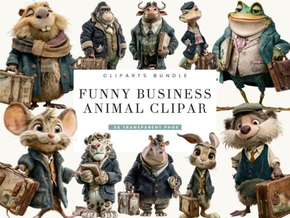 38 Funny Business Animal Clipart Bundle: Watercolor Charm