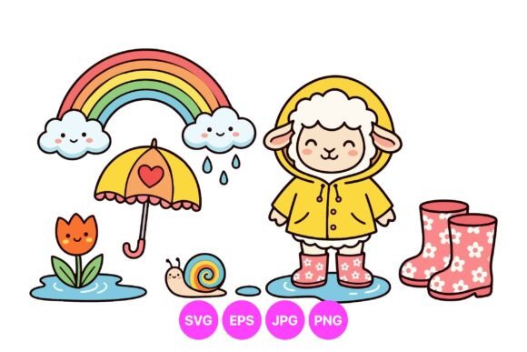 Charming Cute Rainy Day Animal Clipart for Cheerful Designs