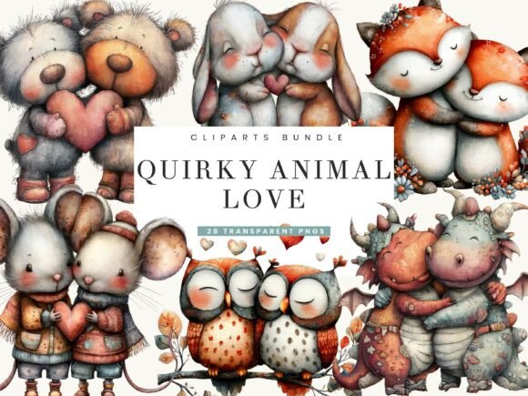 Quirky Animal Love Clipart Bundle: Whimsical Watercolor Design Assets
