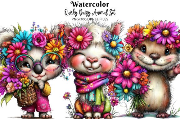 Quirky Daisy Animal Set: A Playful Design Asset