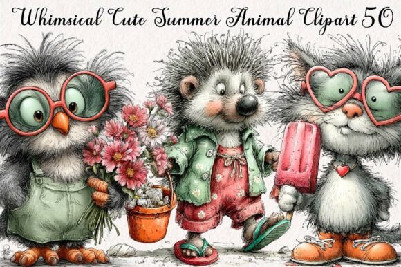 Whimsical Cute Summer Animal Clipart: 50 Designs for Your Projects